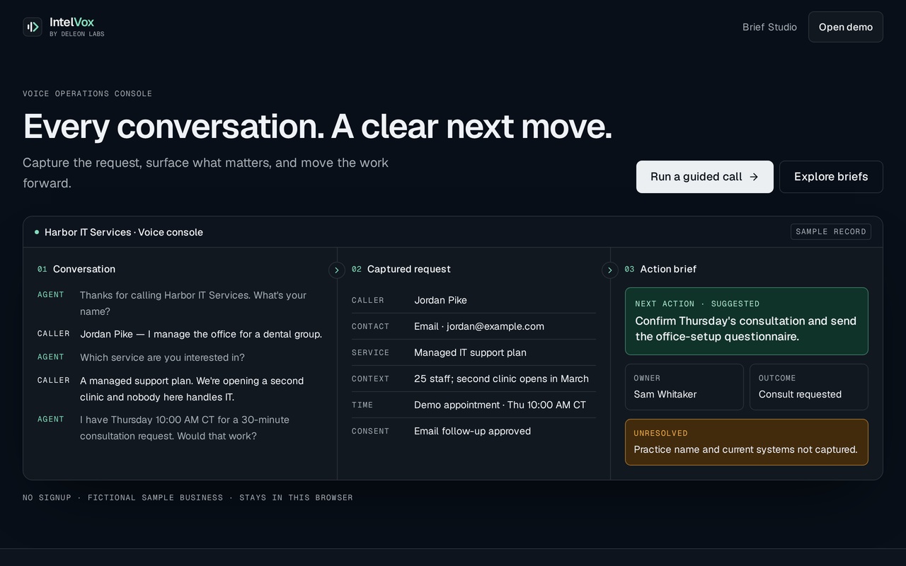 IntelVox dark voice console showing the conversation, captured request and resulting action brief